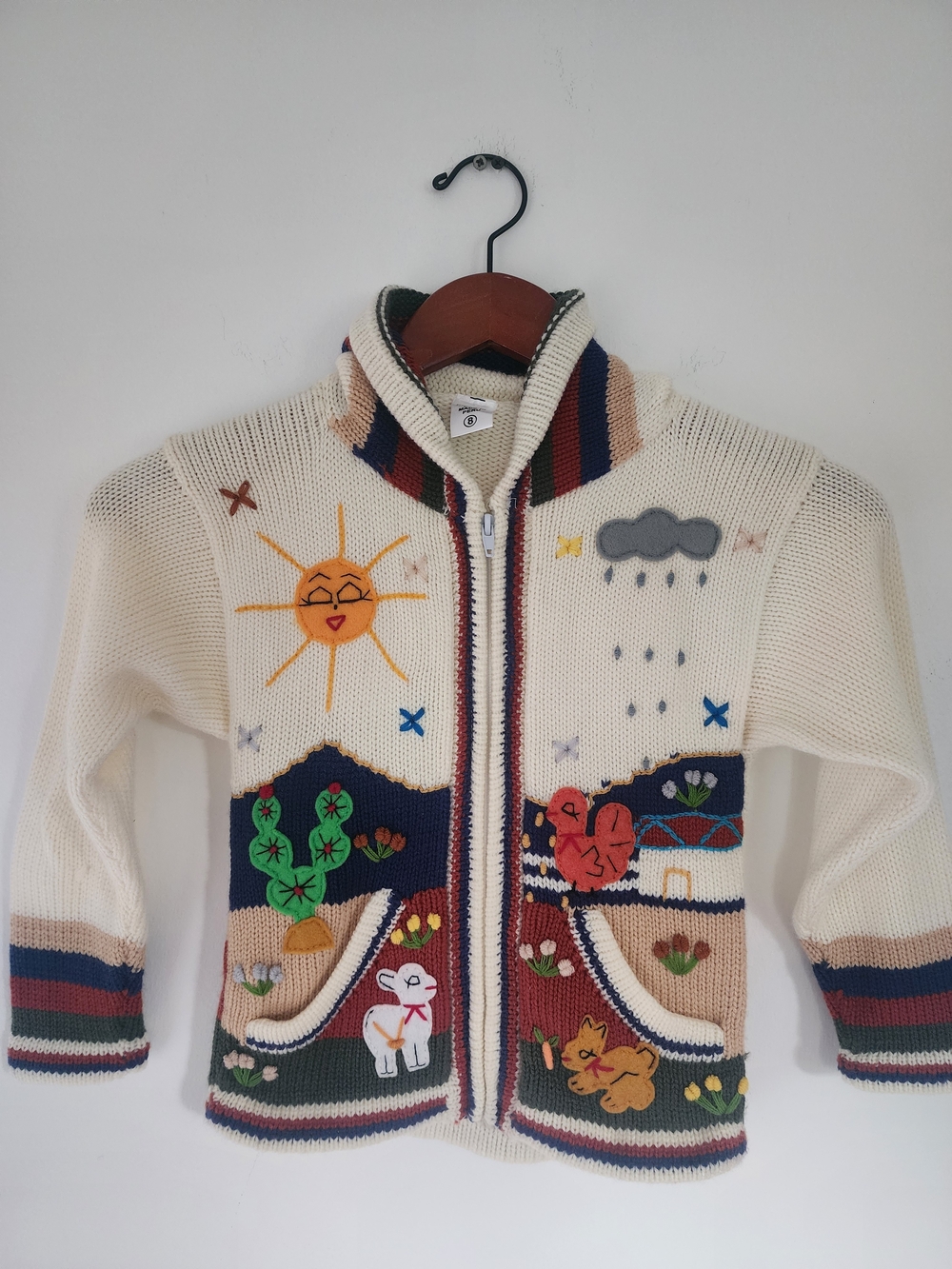 Kids Alpaca Zip-Up Sweater with Andes Scene Embroidery - Made In Peru - Size 8